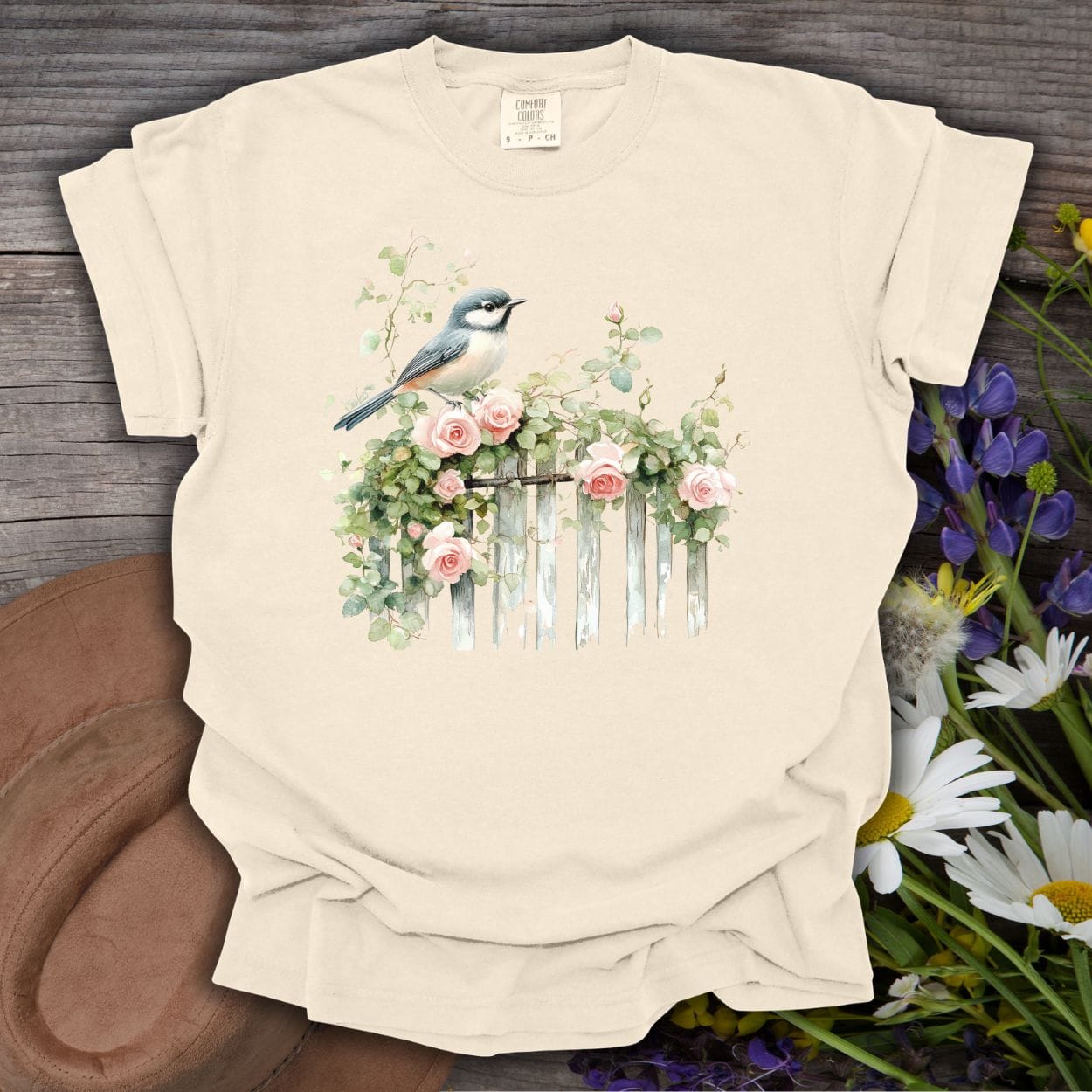 Chickadee on Rose Garden Fence T-Shirt
