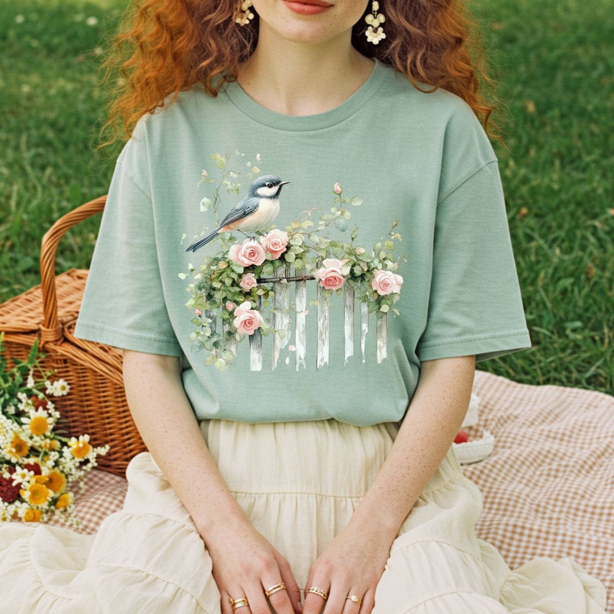 Chickadee on Rose Garden Fence T-Shirt