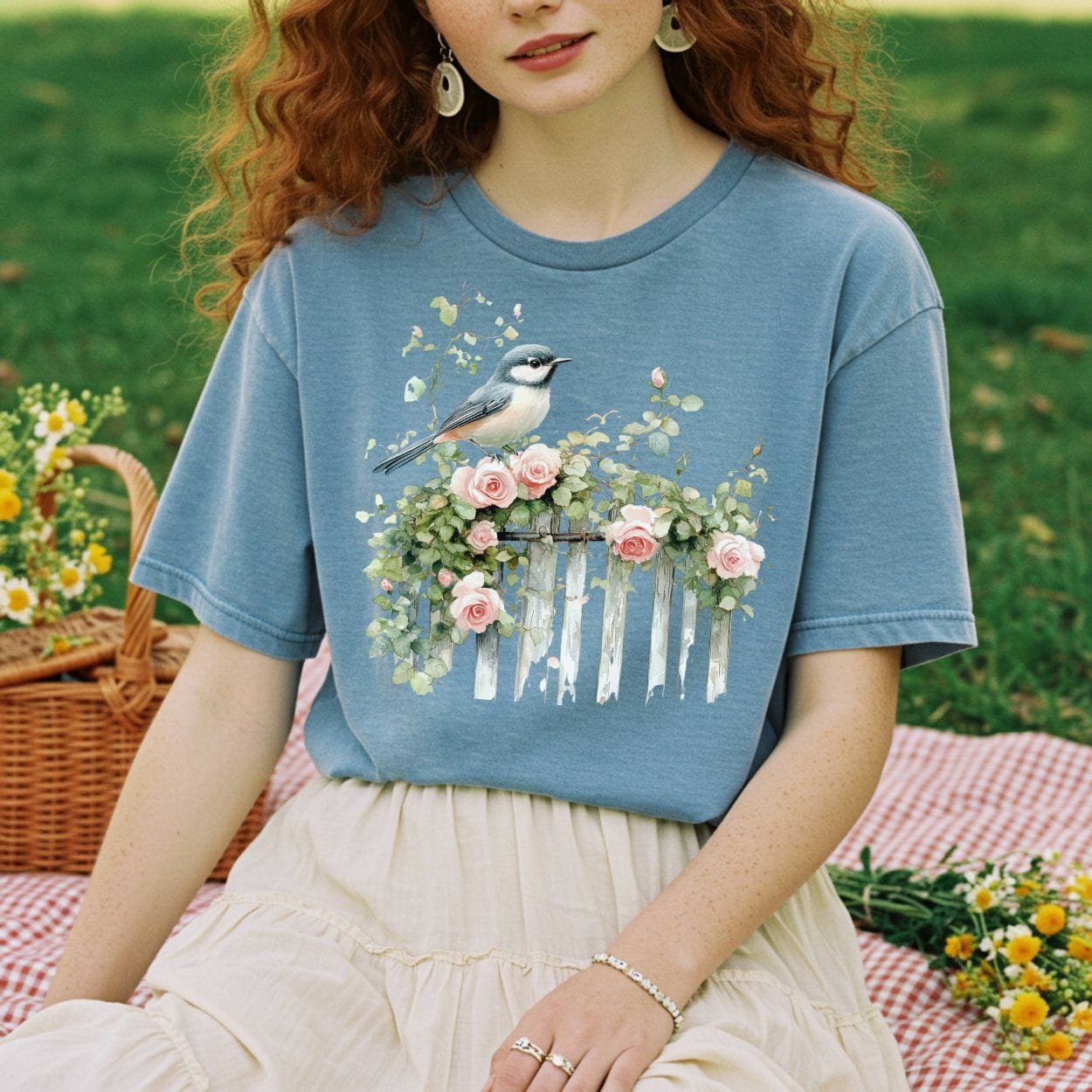 Chickadee on Rose Garden Fence T-Shirt