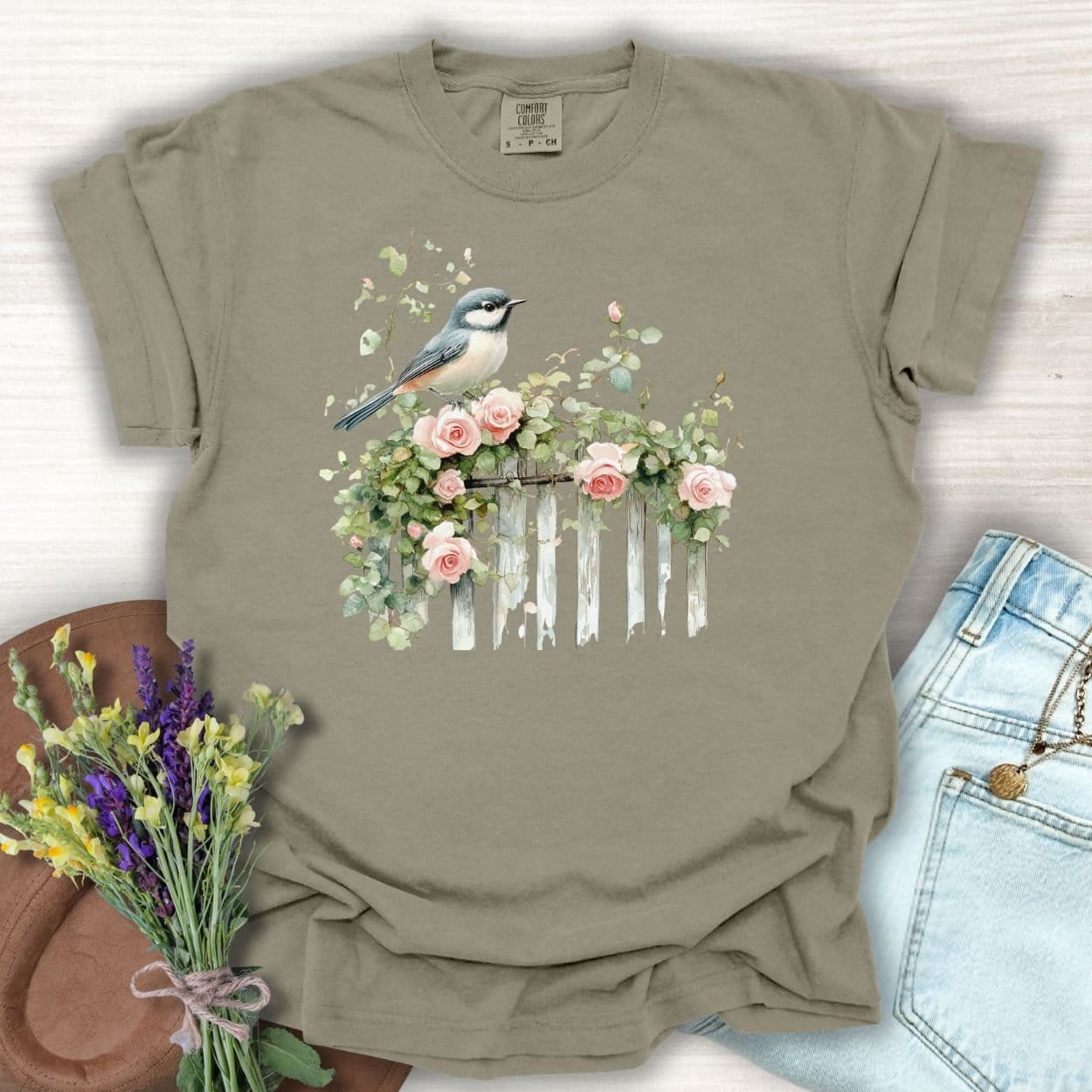 Chickadee on Rose Garden Fence T-Shirt