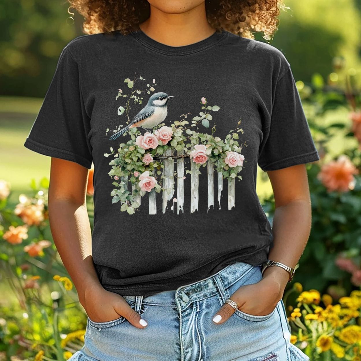 Chickadee on Rose Garden Fence T-Shirt