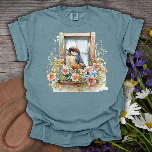 Cottagecore Bluebird on a Floral Windowsill T-Shirt