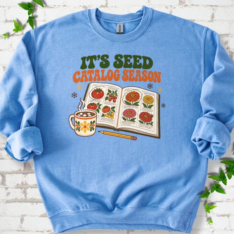 Cozy 1970s Seed Catalog Season Sweatshirt in Carolina Blue – PlotlyGarden