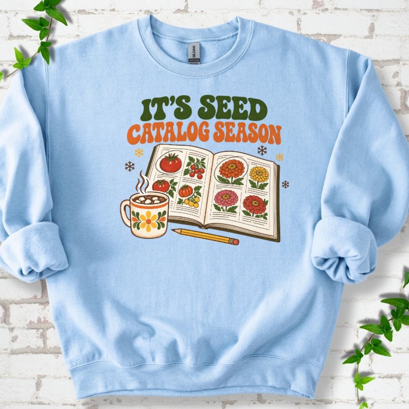 Cozy 1970s Seed Catalog Season Sweatshirt in Light Blue – PlotlyGarden