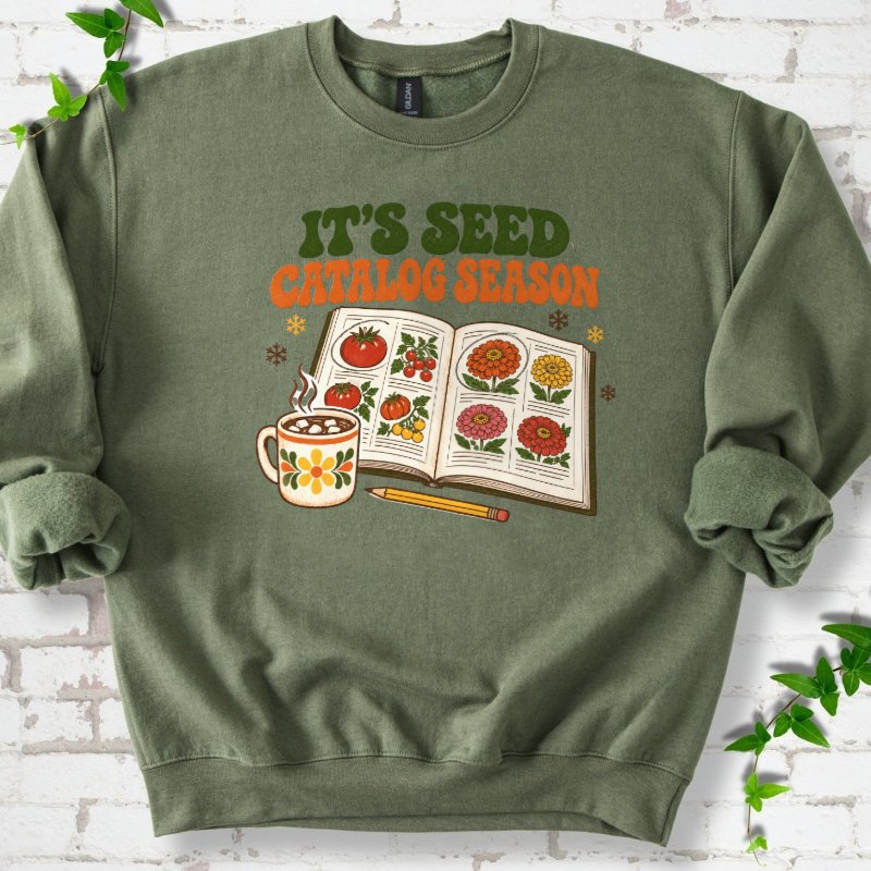 Cozy 1970s Seed Catalog Season Sweatshirt in Military Green – PlotlyGarden