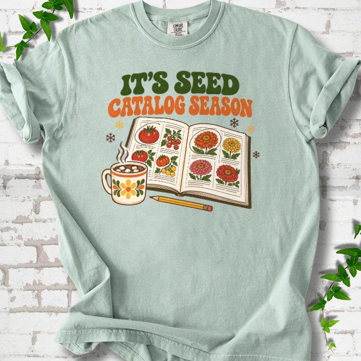 Cozy 1970s Seed Catalog Season T-Shirt in Bay – PlotlyGarden