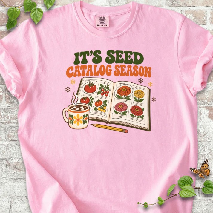 Cozy 1970s Seed Catalog Season T-Shirt in Blossom – PlotlyGarden