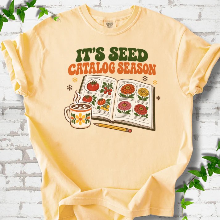 Cozy 1970s Seed Catalog Season T-Shirt in Butter – PlotlyGarden