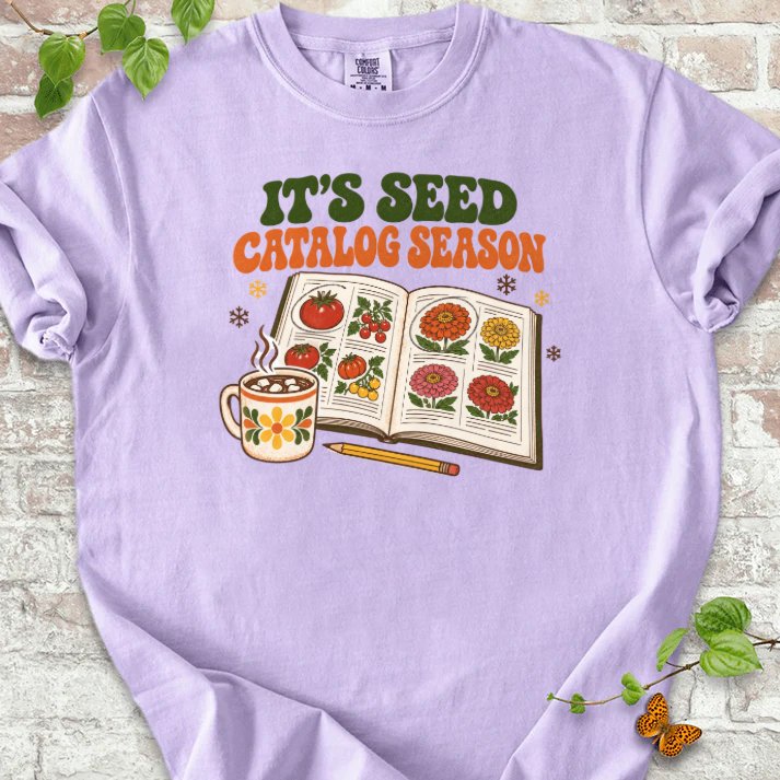 Cozy 1970s Seed Catalog Season T-Shirt in Orchid – PlotlyGarden