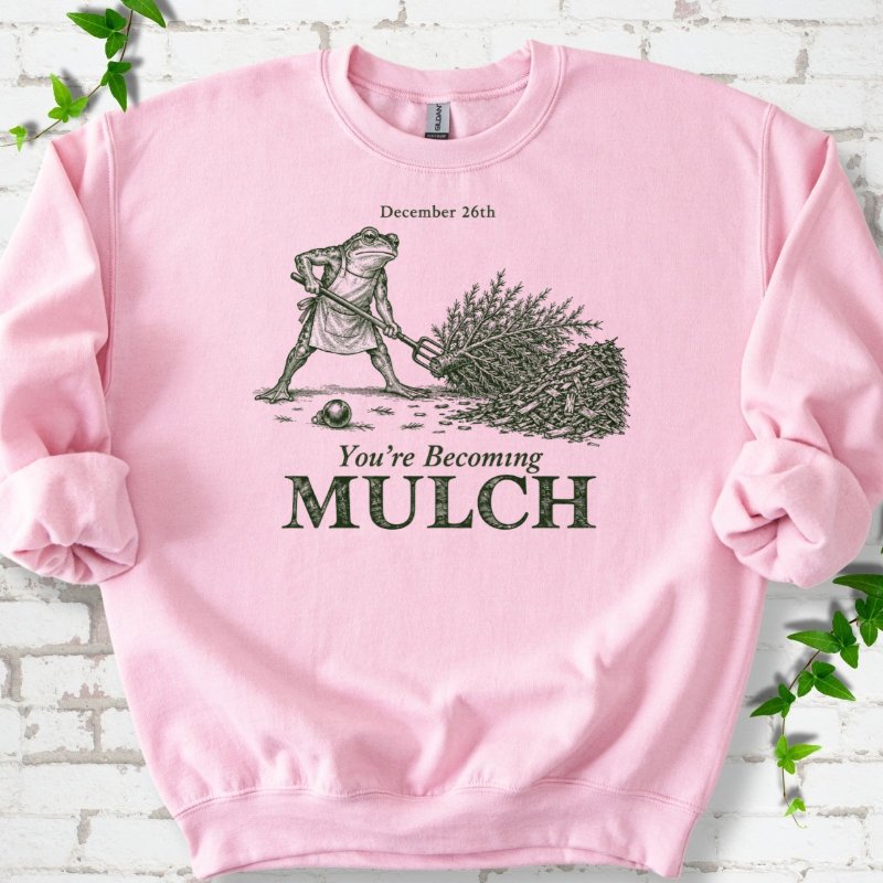 December Frog Dragging Christmas Tree Mulch Sweatshirt in Light Pink – PlotlyGarden