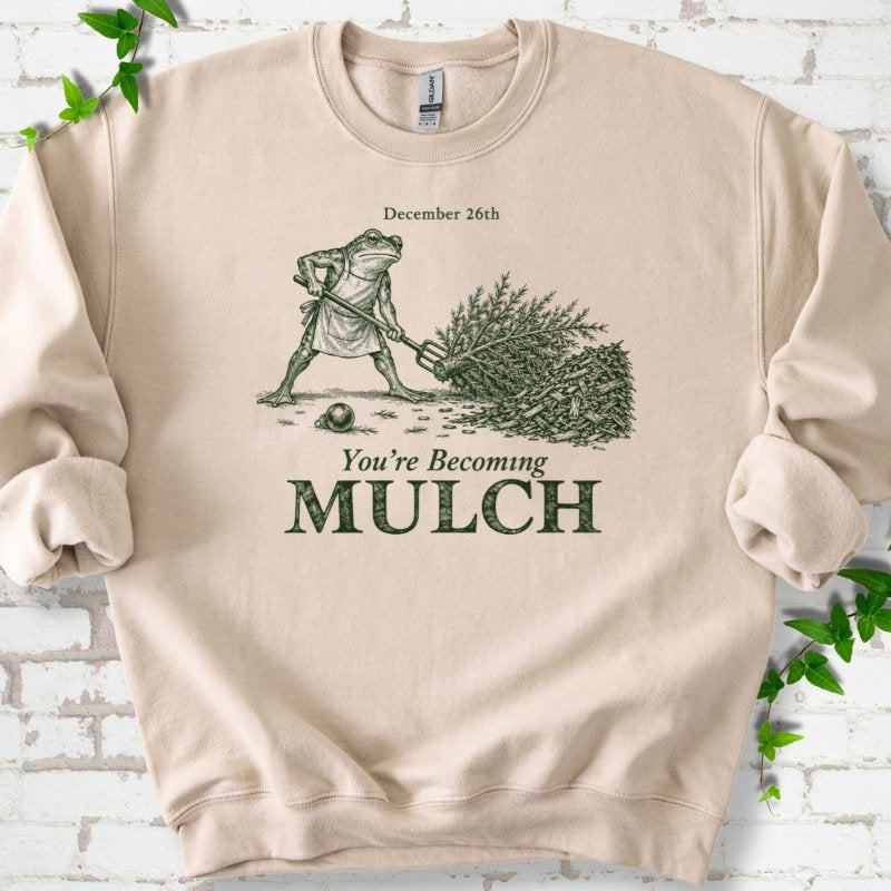 December Frog Dragging Christmas Tree Mulch Sweatshirt in Sand – PlotlyGarden