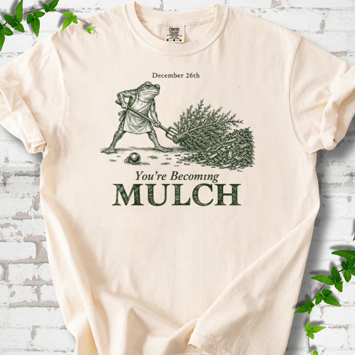 December Frog Dragging Christmas Tree Mulch T-Shirt in Ivory – PlotlyGarden
