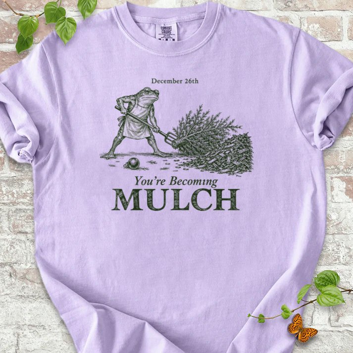 December Frog Dragging Christmas Tree Mulch T-Shirt in Orchid – PlotlyGarden