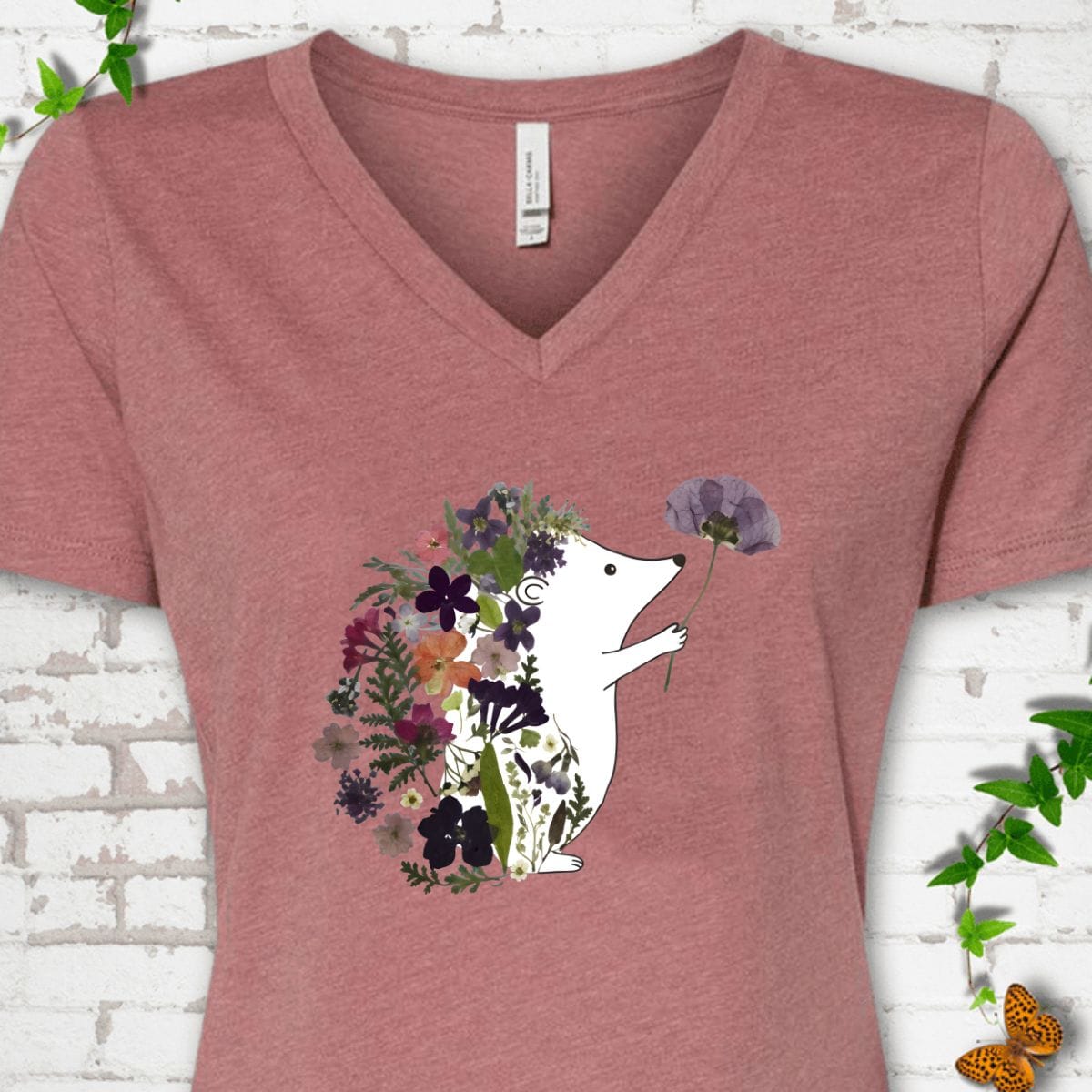 Floral Hedgehog V-Neck T-Shirt