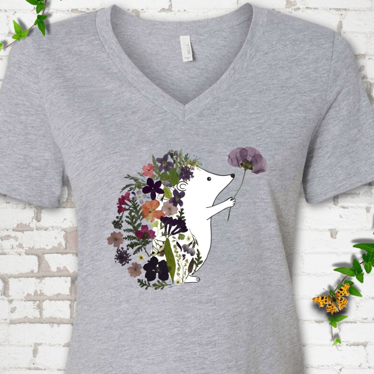 Floral Hedgehog V-Neck T-Shirt