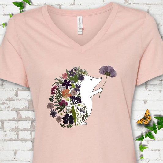 Floral Hedgehog V-Neck T-Shirt