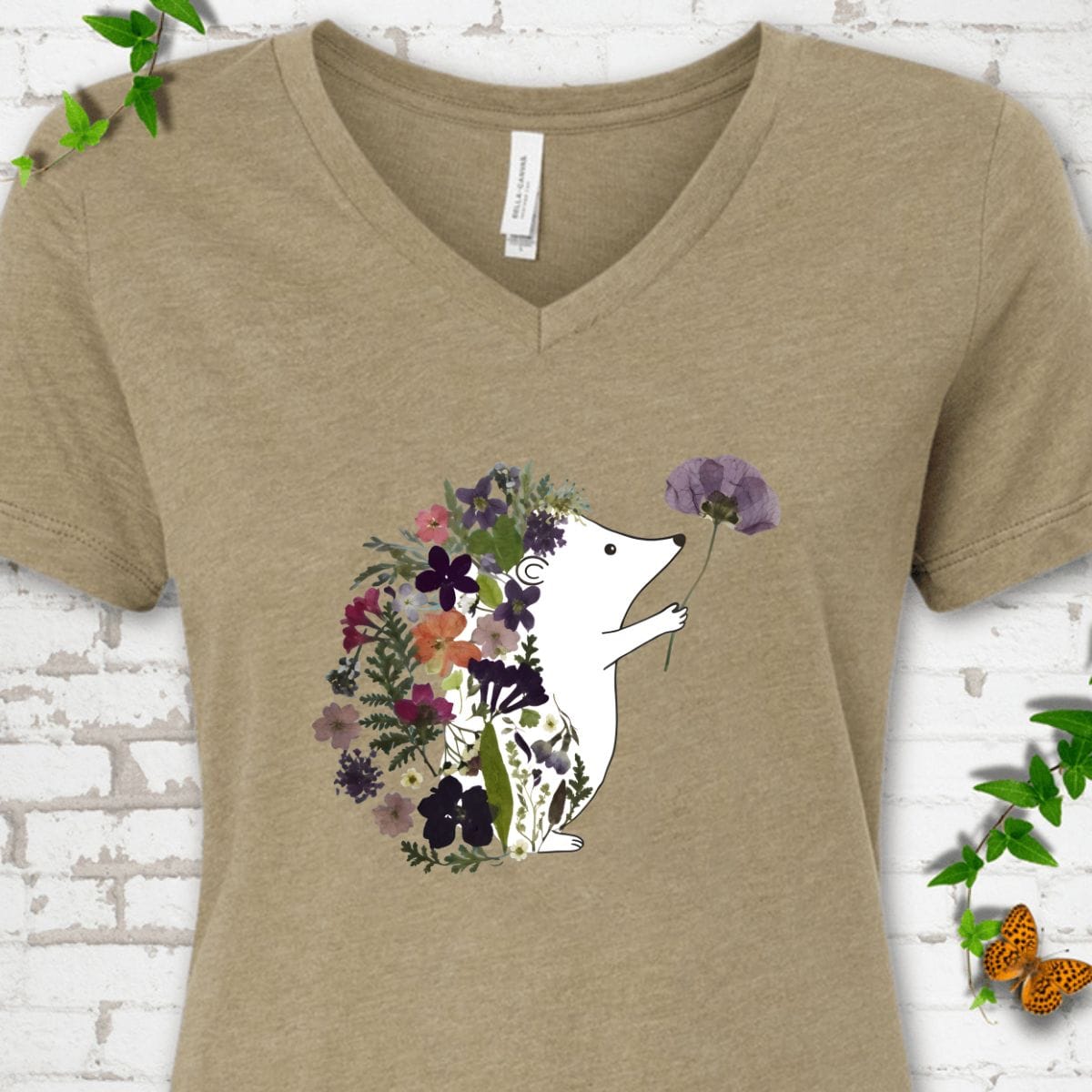 Floral Hedgehog V-Neck T-Shirt