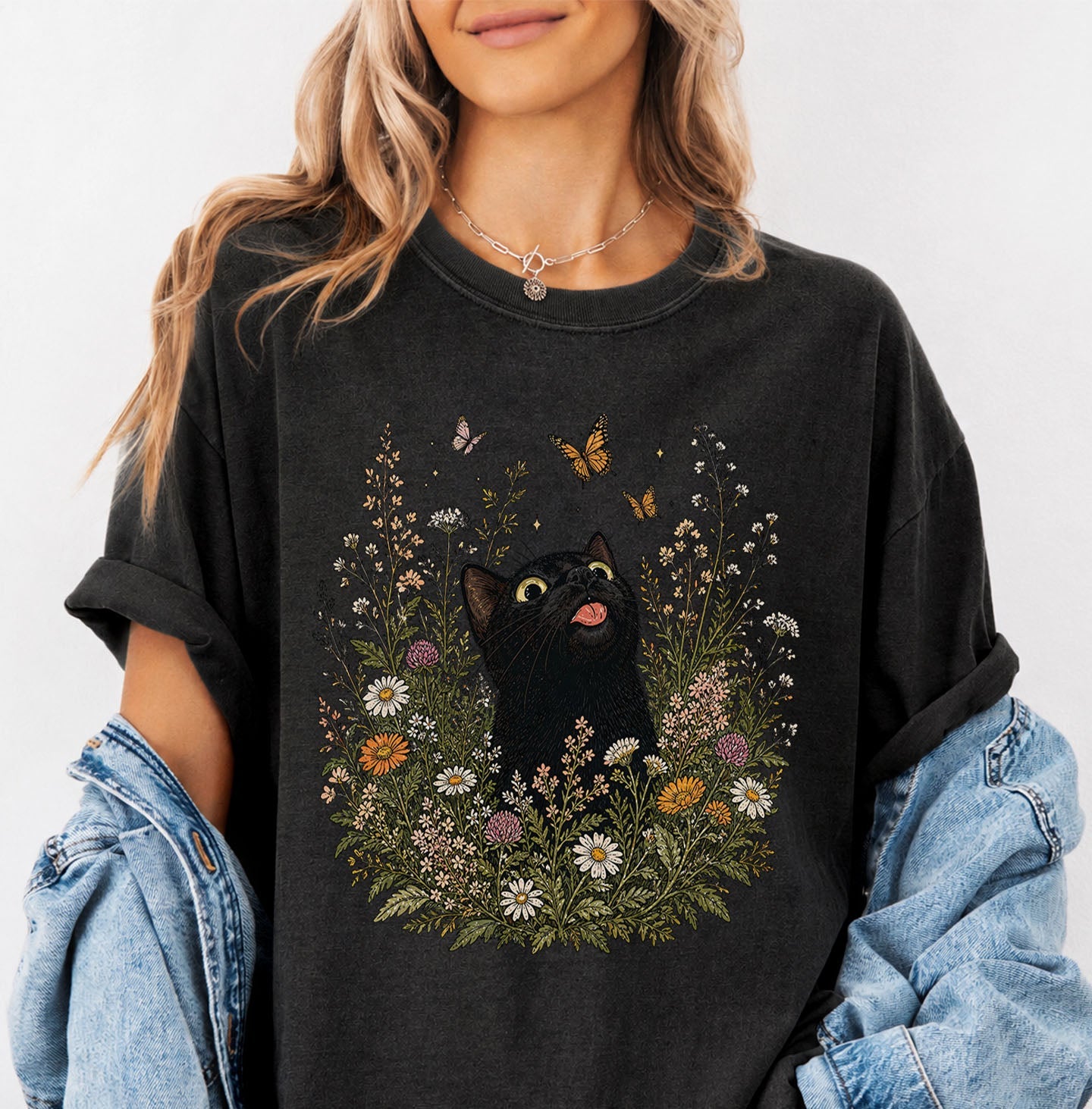 Funny Black Cat Butterfly Wildflower T-Shirt