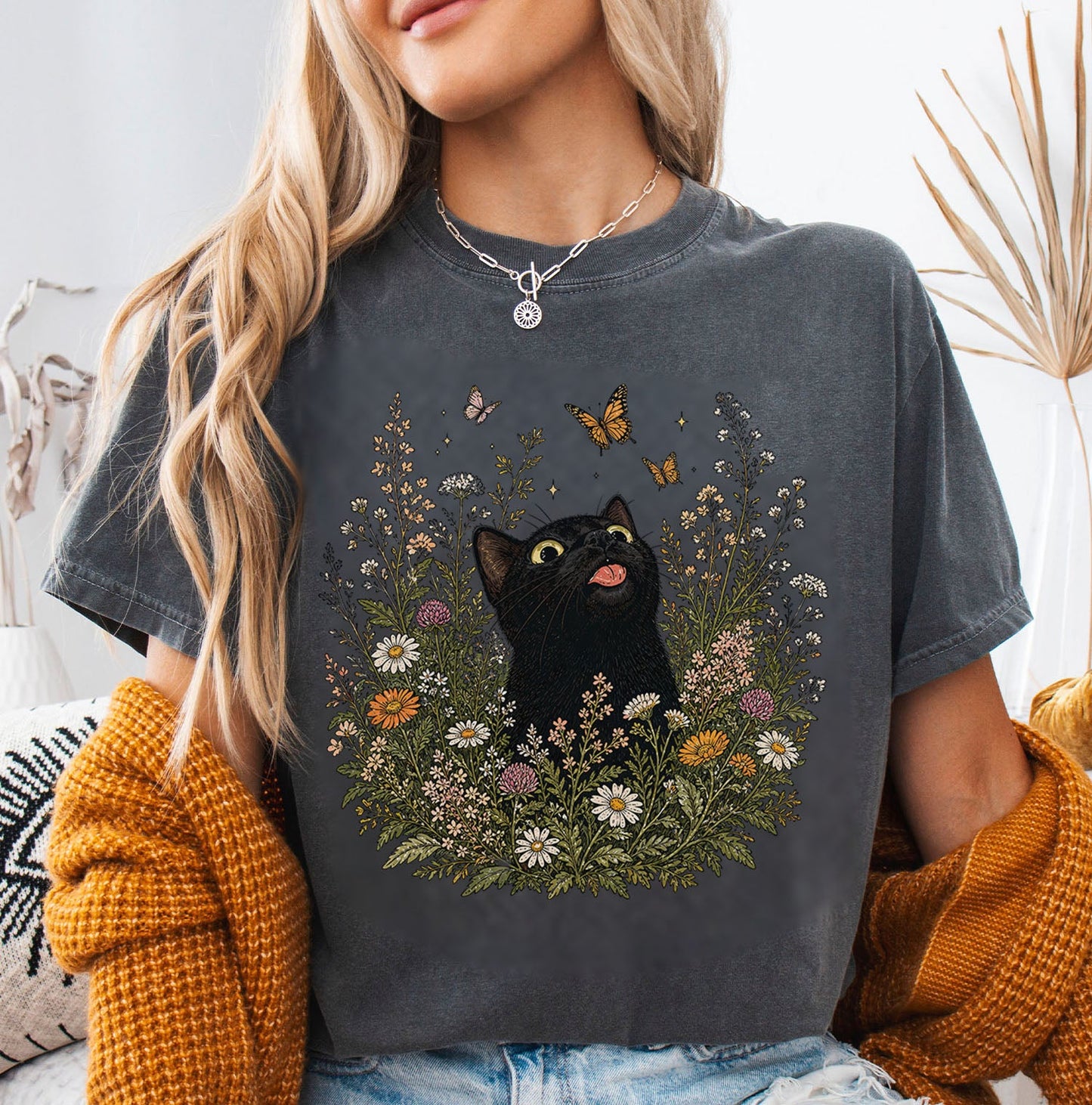 Funny Black Cat Butterfly Wildflower T-Shirt