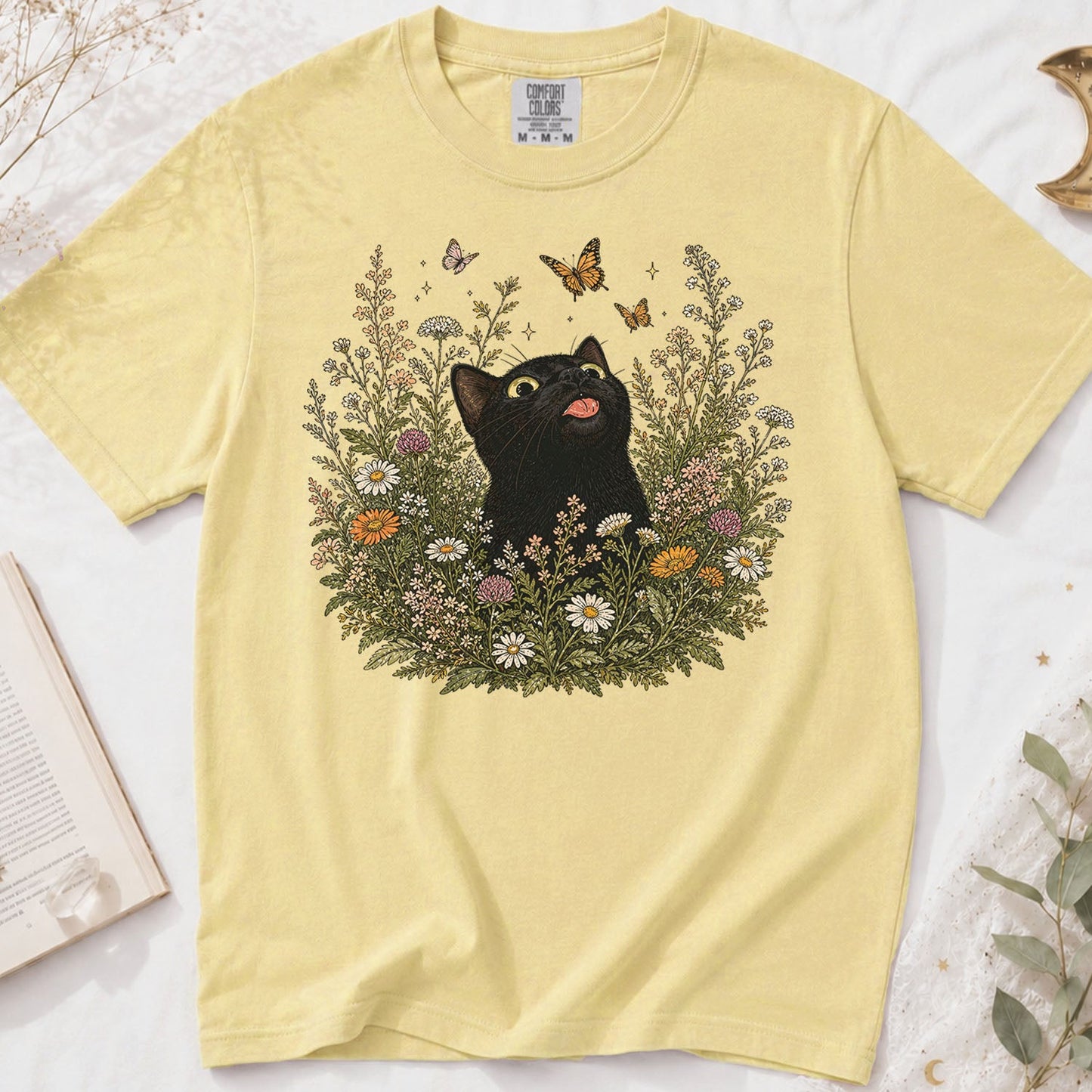 Funny Black Cat Butterfly Wildflower T-Shirt