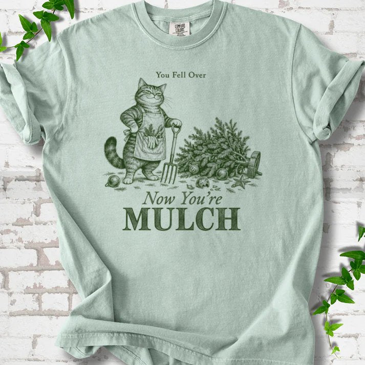 Gardening Cat Fallen Christmas Tree Mulch T-Shirt in Bay – PlotlyGarden