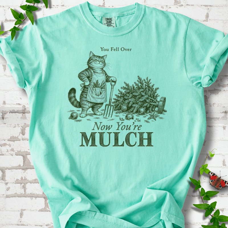 Gardening Cat Fallen Christmas Tree Mulch T-Shirt in Island Reef – PlotlyGarden