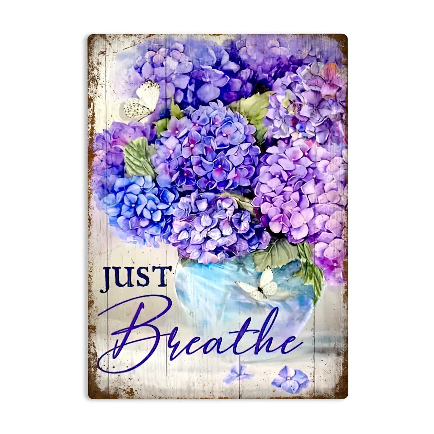 Just Breathe Purple Hydrangea Metal Sign