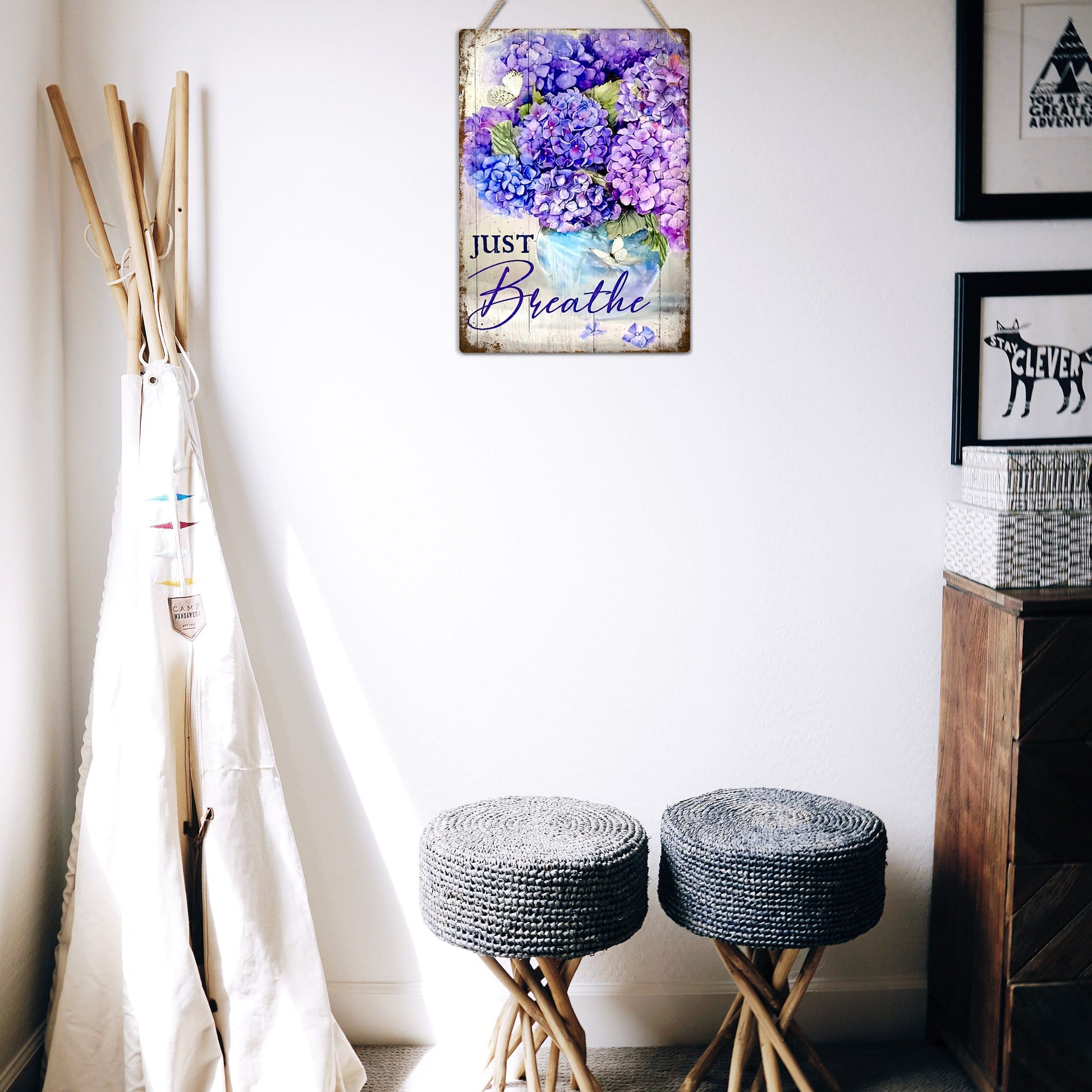 Just Breathe Purple Hydrangea Metal Sign