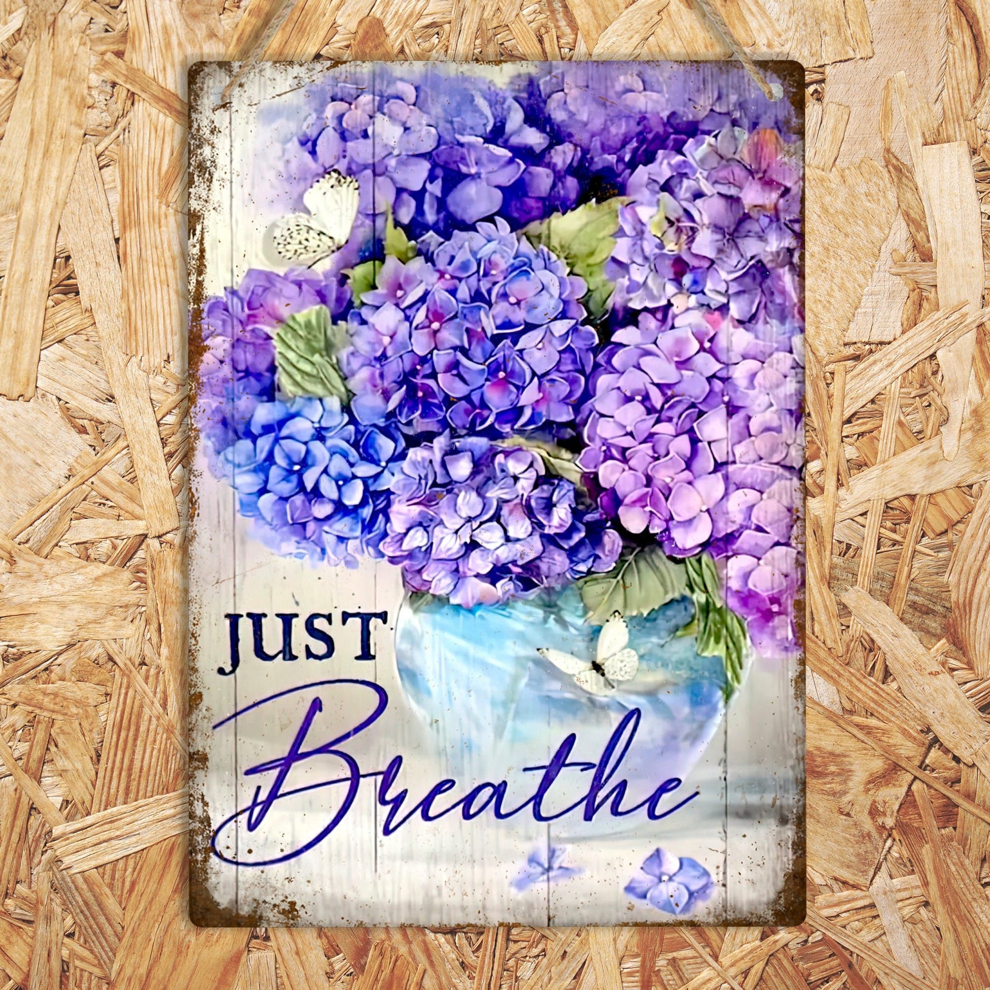 Just Breathe Purple Hydrangea Metal Sign