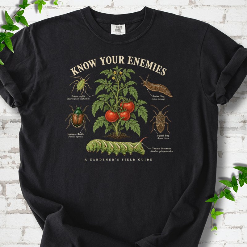 Know Your Enemies Tomato Pest Guide T-Shirt in Black – PlotlyGarden