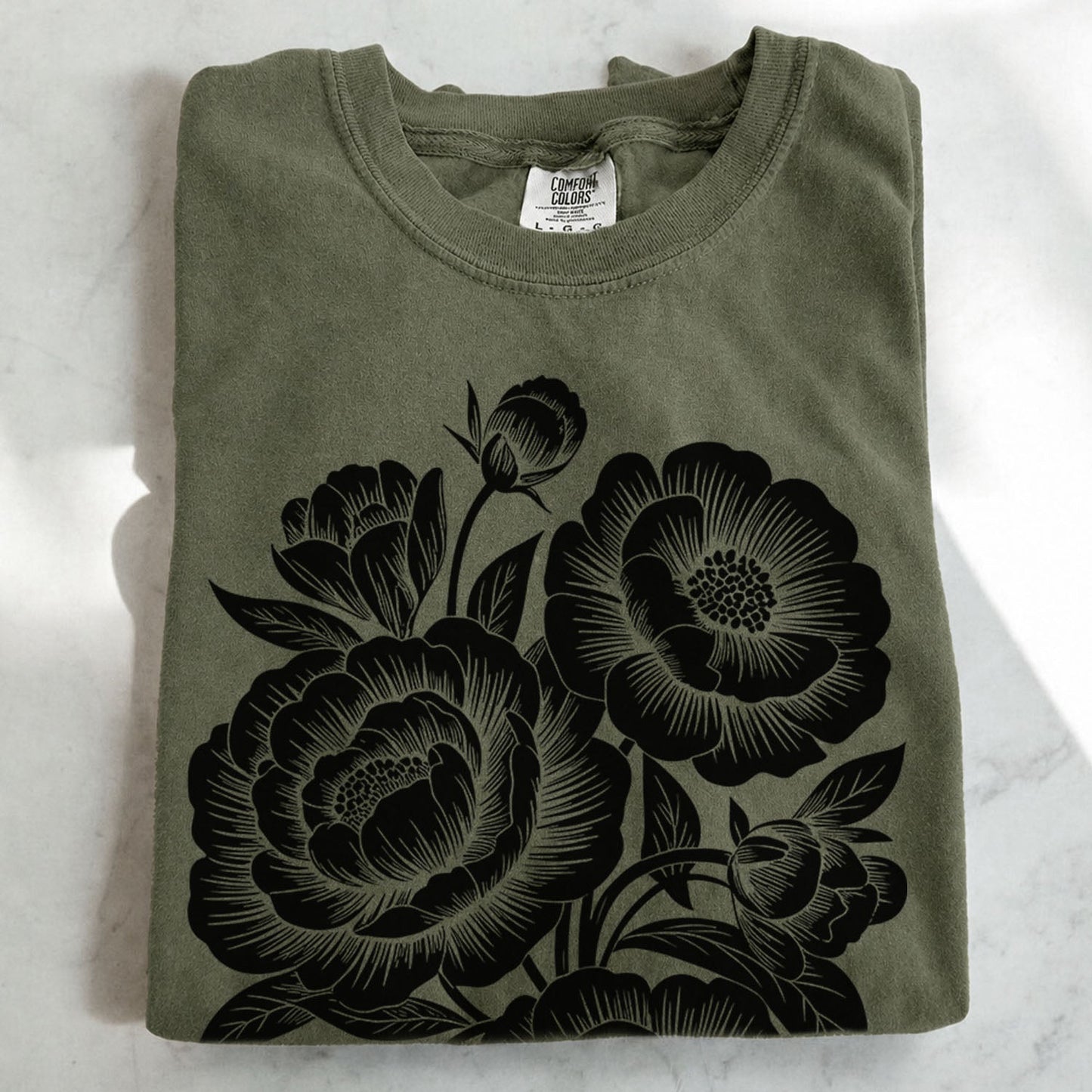 Linocut Peonies Flower T-Shirt