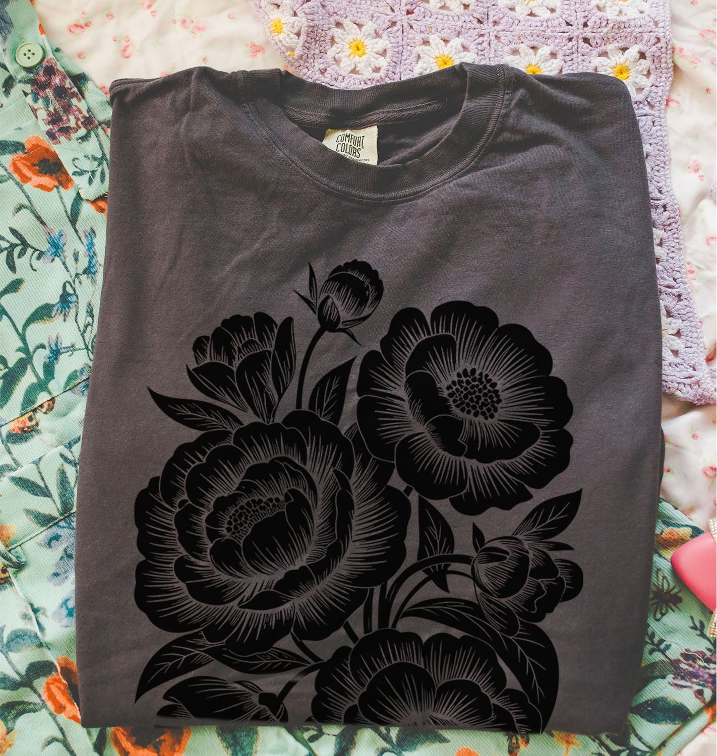 Linocut Peonies Flower T-Shirt