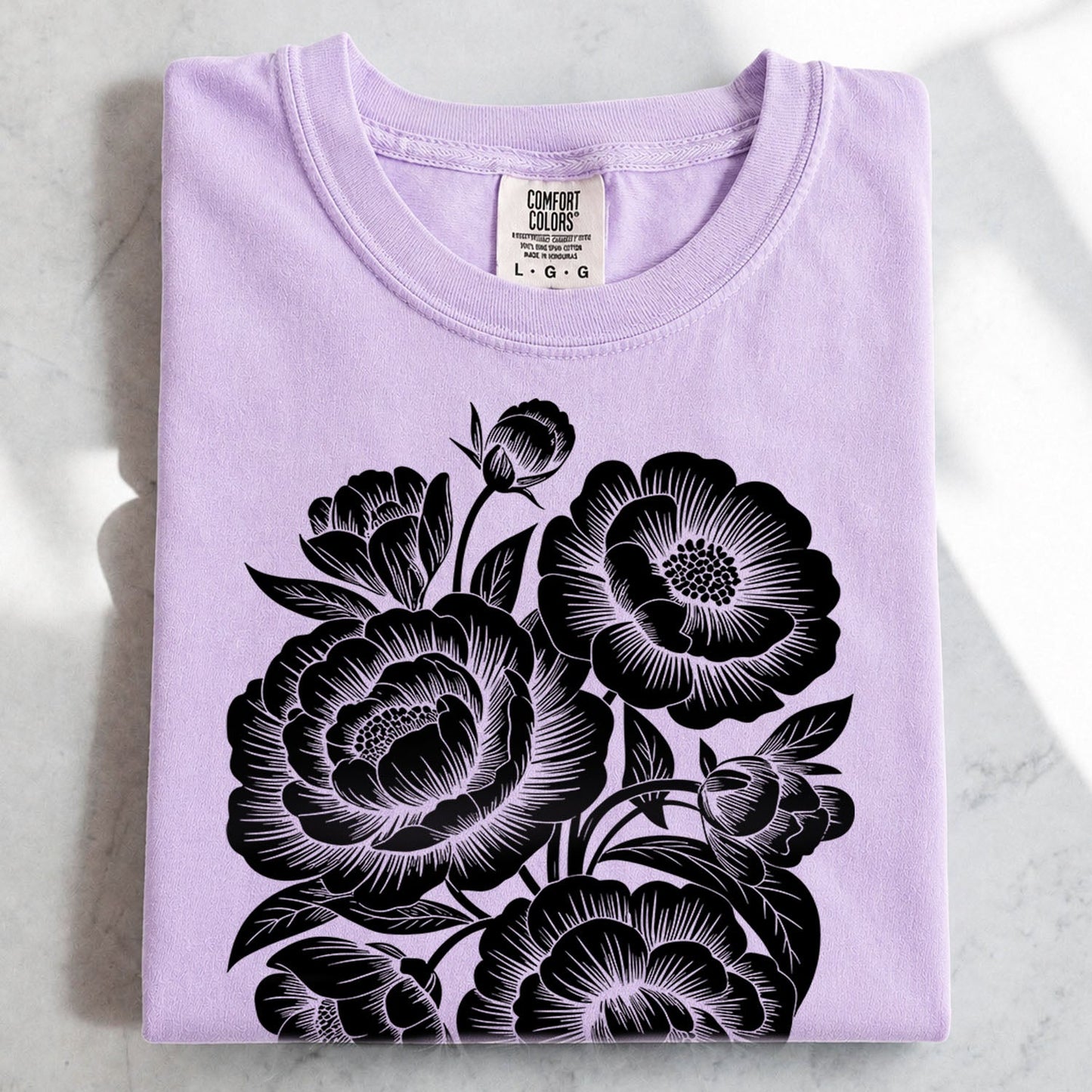 Linocut Peonies Flower T-Shirt