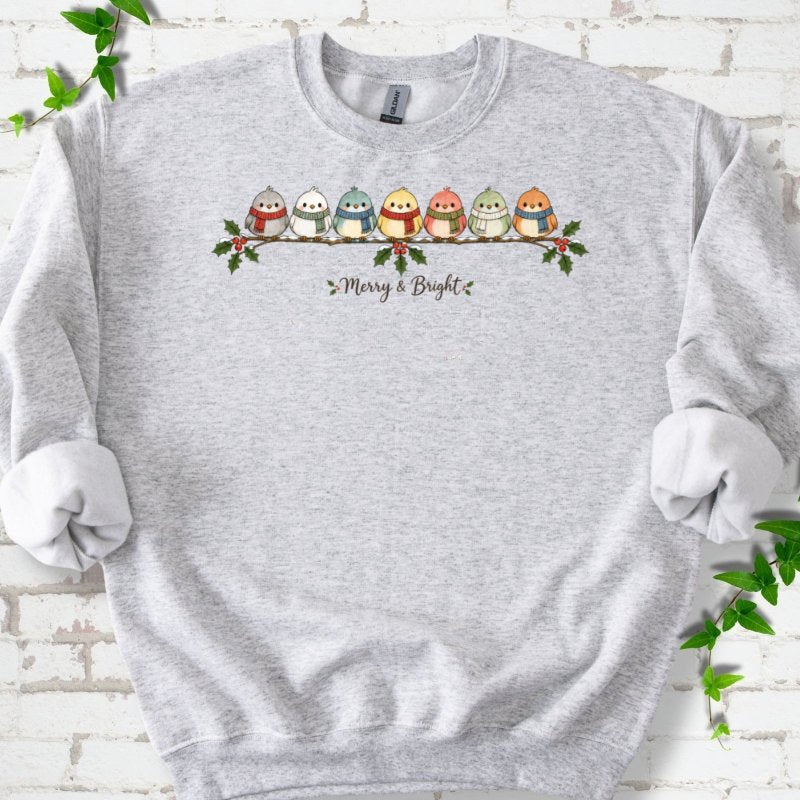 Merry & Bright Seven Scarfed Birds Sweatshirt in Ash – PlotlyGarden
