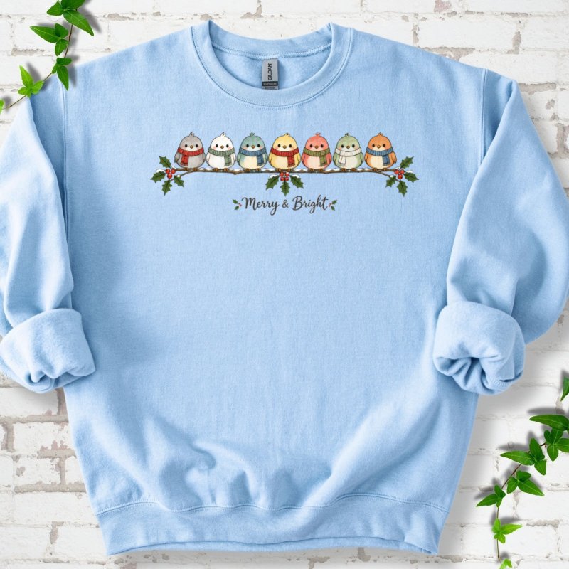 Merry & Bright Seven Scarfed Birds Sweatshirt in Light Blue – PlotlyGarden