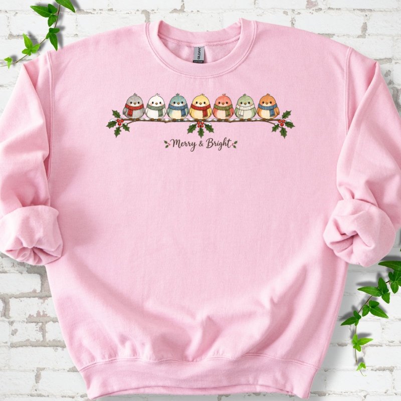 Merry & Bright Seven Scarfed Birds Sweatshirt in Light Pink – PlotlyGarden