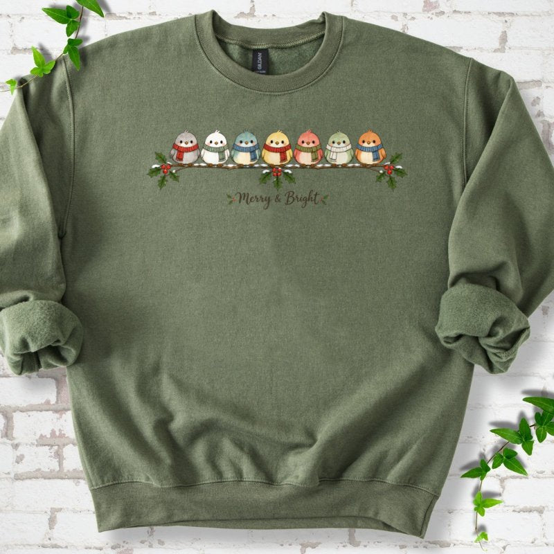 Merry & Bright Seven Scarfed Birds Sweatshirt in Military Green – PlotlyGarden
