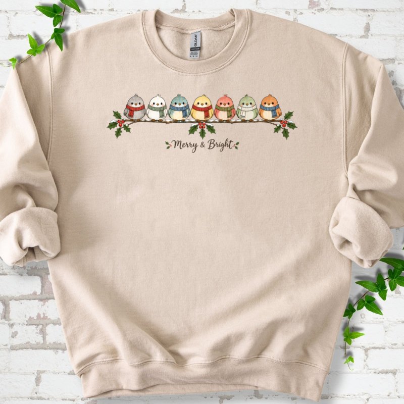 Merry & Bright Seven Scarfed Birds Sweatshirt in Sand – PlotlyGarden