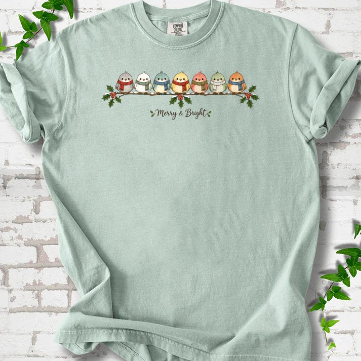 Merry & Bright Seven Scarfed Birds T-Shirt in Bay – PlotlyGarden