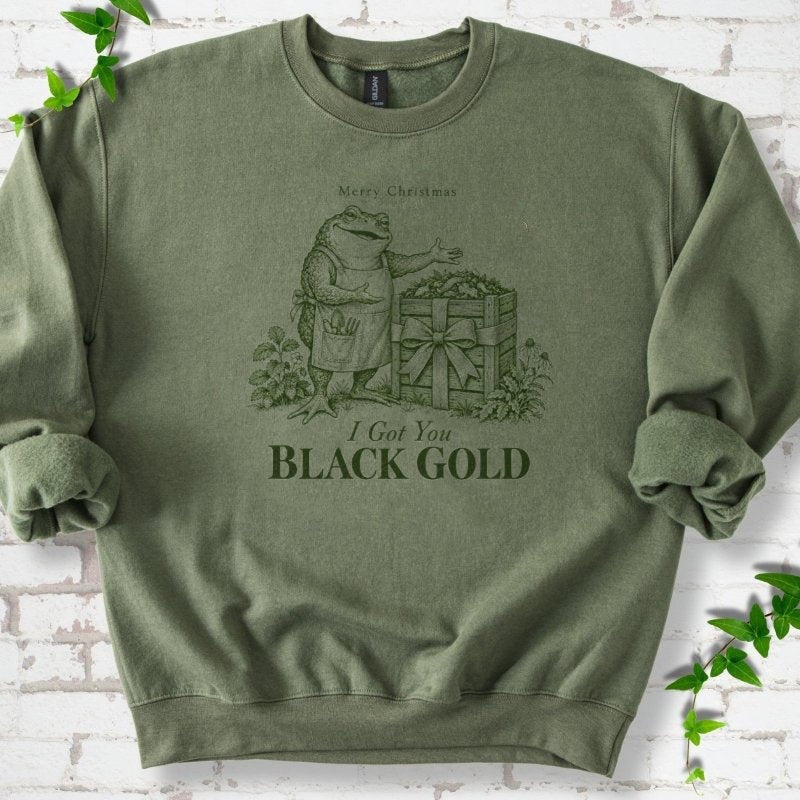 Merry Christmas Toad Black Gold Gift Sweatshirt in Military Green – PlotlyGarden