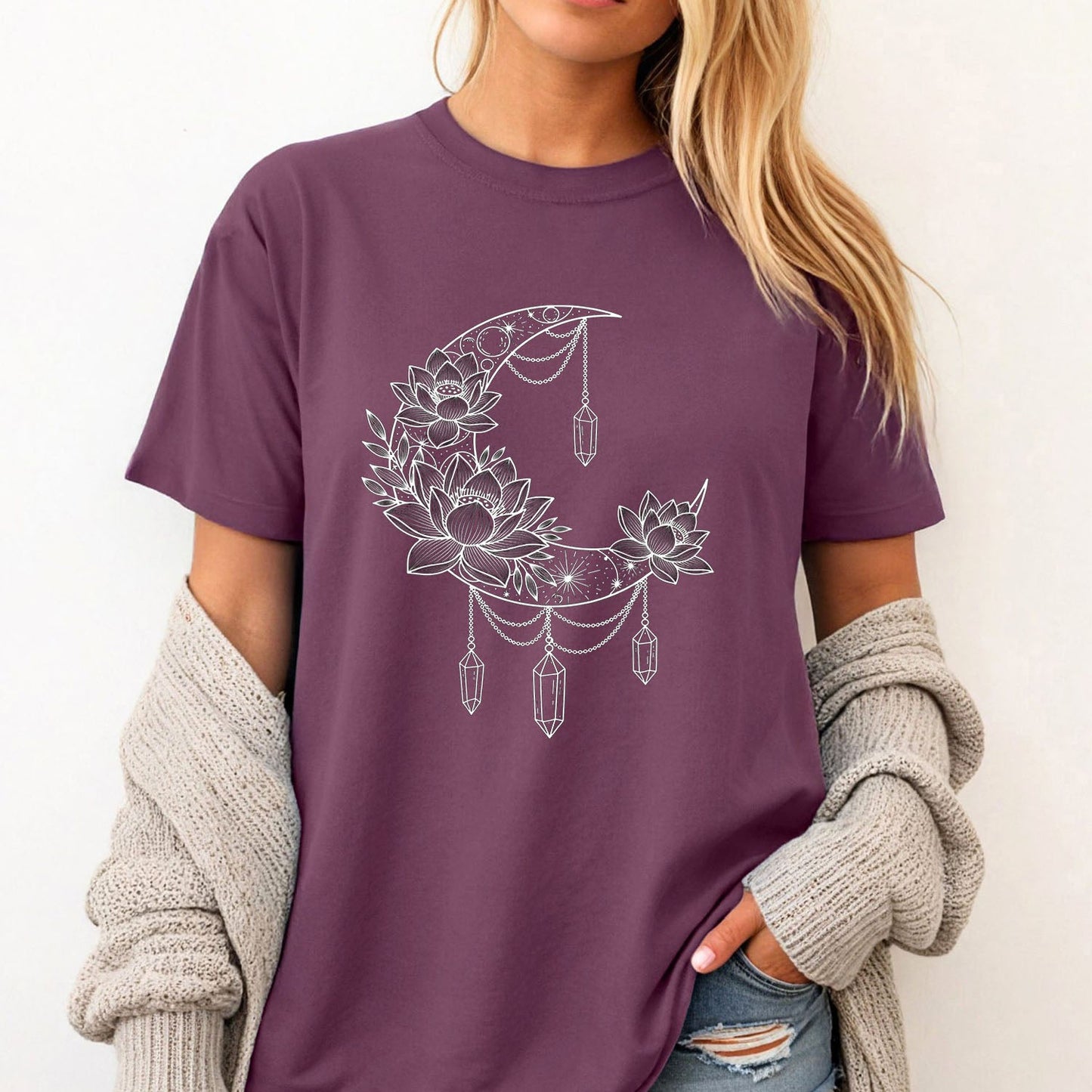 Crescent Moon Crystal Lotus T-Shirt