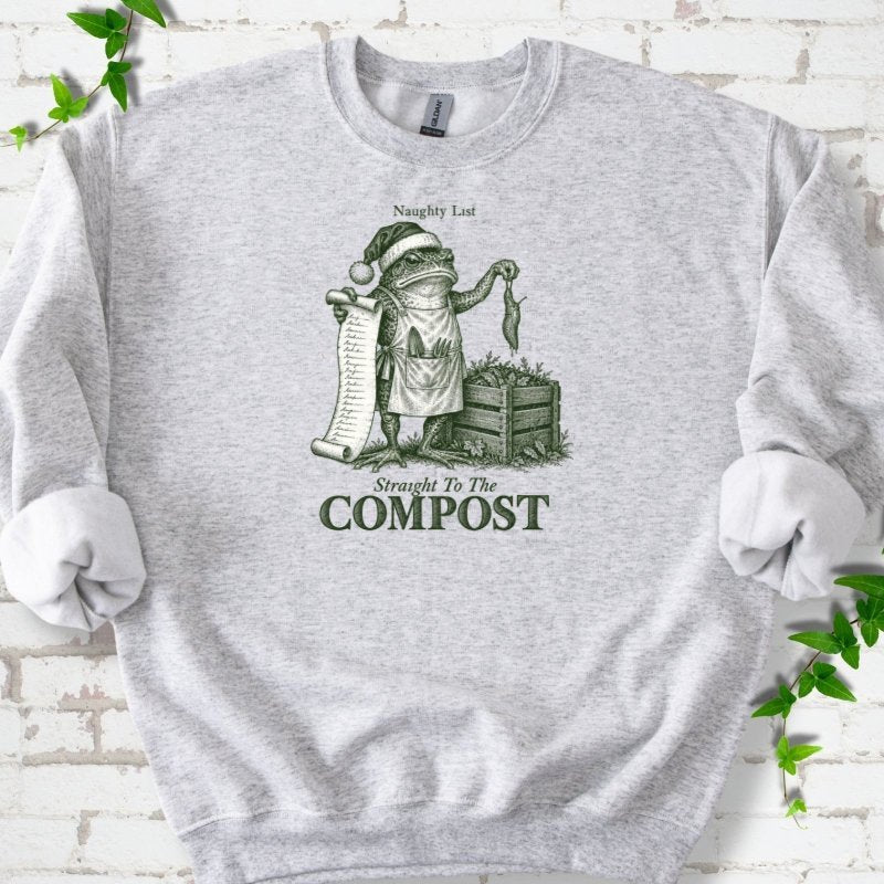 Naughty List Frog Slug Compost Bin Sweatshirt in Ash – PlotlyGarden