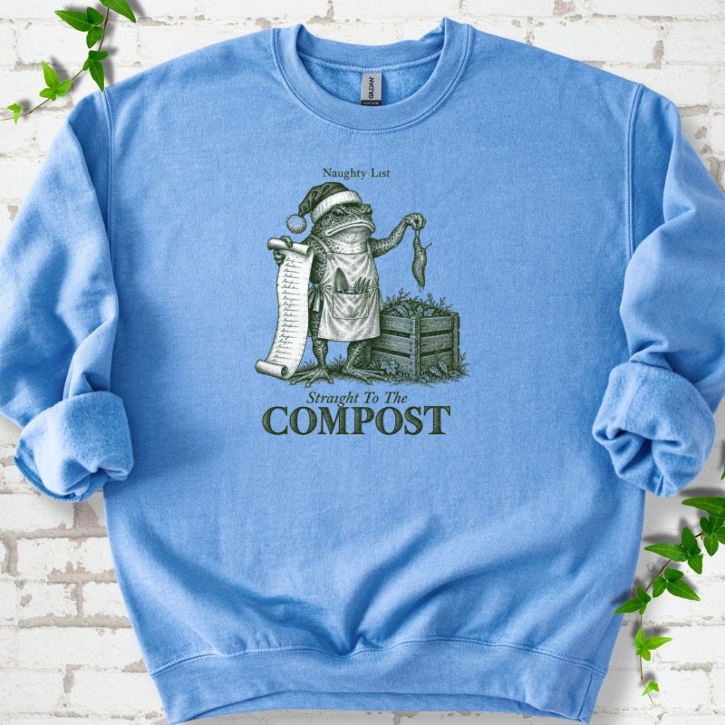 Naughty List Frog Slug Compost Bin Sweatshirt in Carolina Blue – PlotlyGarden