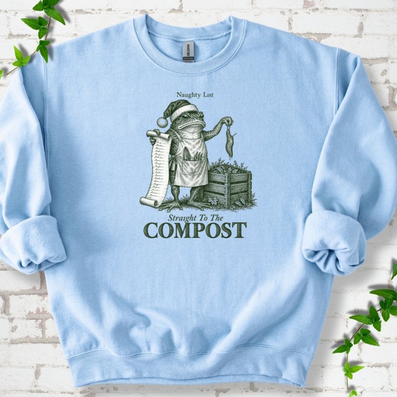 Naughty List Frog Slug Compost Bin Sweatshirt in Light Blue – PlotlyGarden