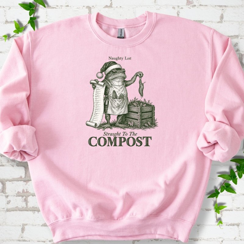 Naughty List Frog Slug Compost Bin Sweatshirt in Light Pink – PlotlyGarden