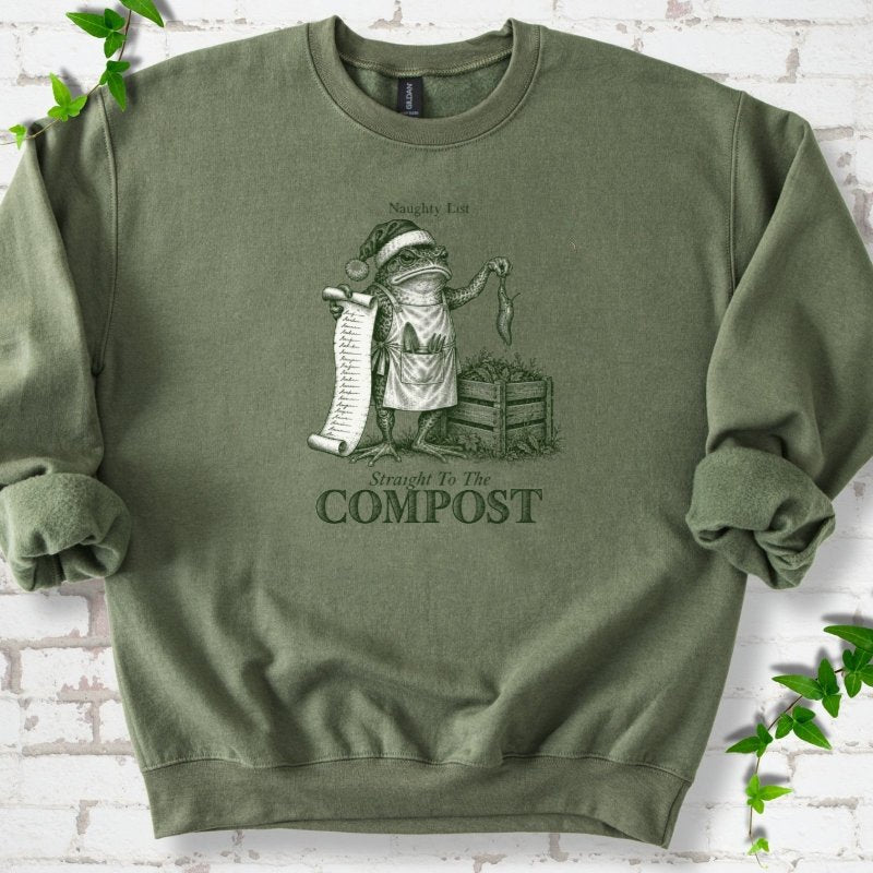 Naughty List Frog Slug Compost Bin Sweatshirt in Military Green – PlotlyGarden