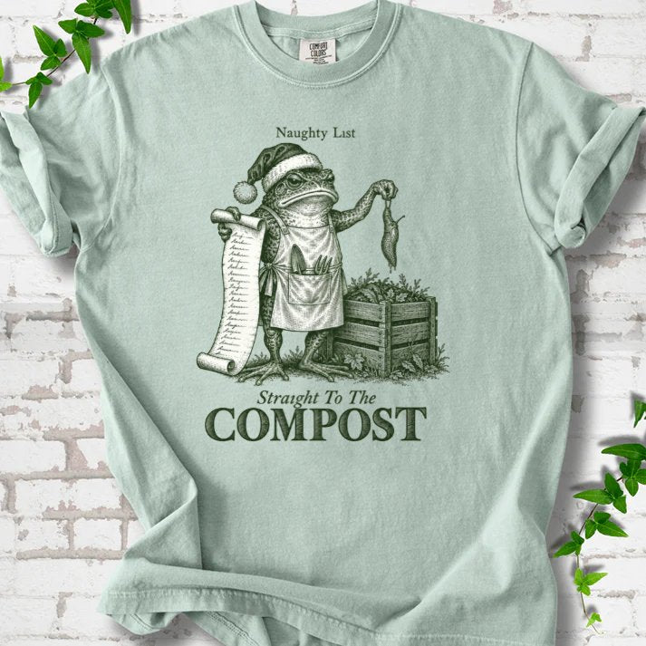 Naughty List Frog Slug Compost Bin T-Shirt in Bay – PlotlyGarden