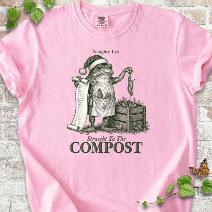 Naughty List Frog Slug Compost Bin T-Shirt in Blossom – PlotlyGarden