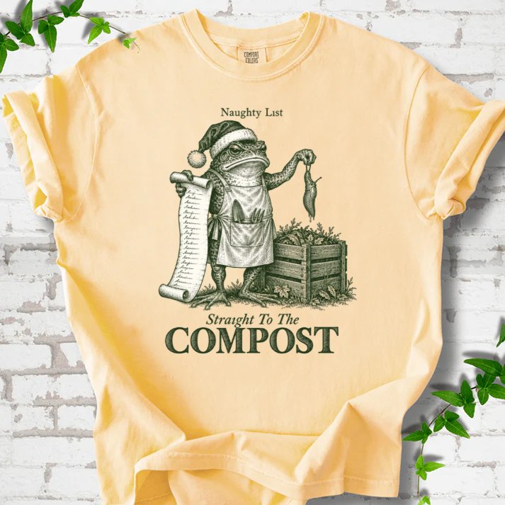 Naughty List Frog Slug Compost Bin T-Shirt in Butter – PlotlyGarden