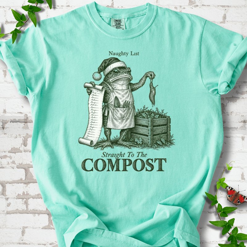 Naughty List Frog Slug Compost Bin T-Shirt in Island Reef – PlotlyGarden